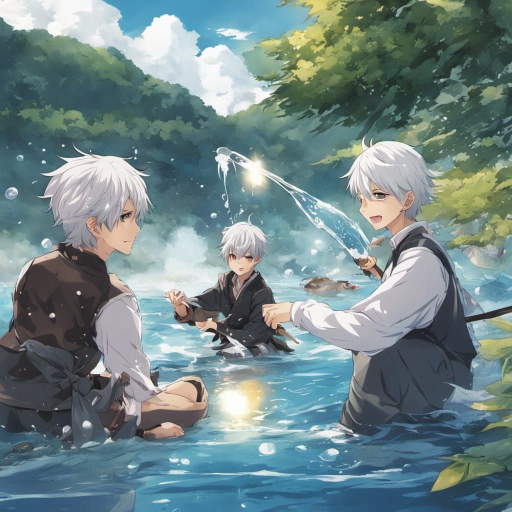 Boys Playing on Lake in Anime Style