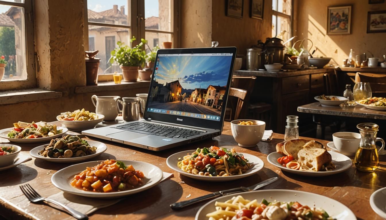 Italian Still Life with Vintage Laptop as Oil Painting