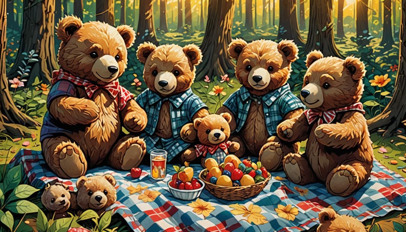 Teddy Bears Picnic in Enchanted Forest, Comic Art
