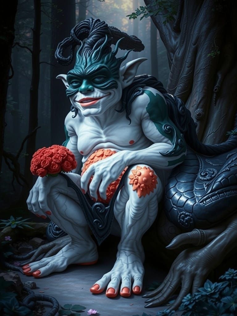 Whimsical Troll Broccoli Sculpture Amidst Enchanted Forest