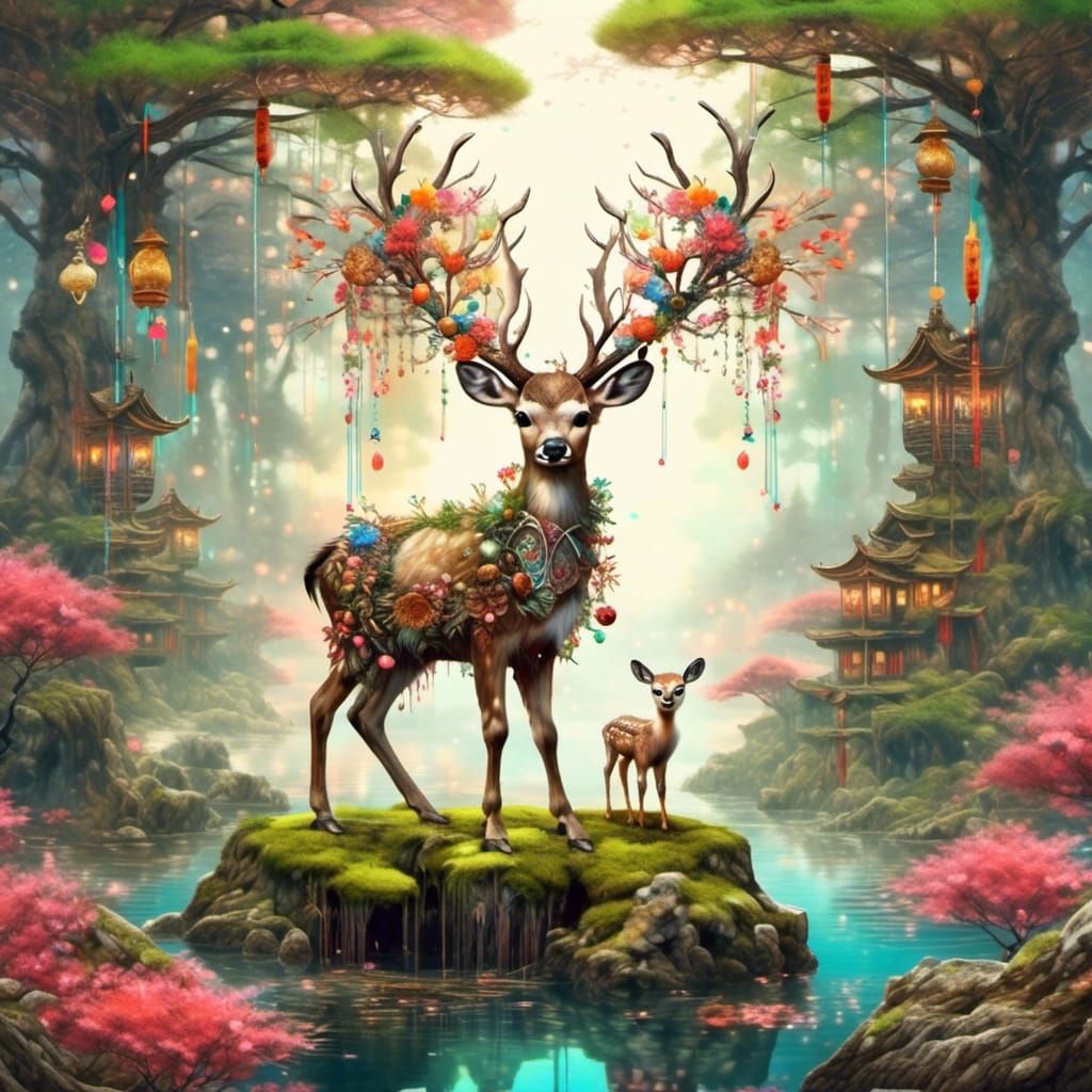 Sweet Deer in Bonsai Forest, Asian Style