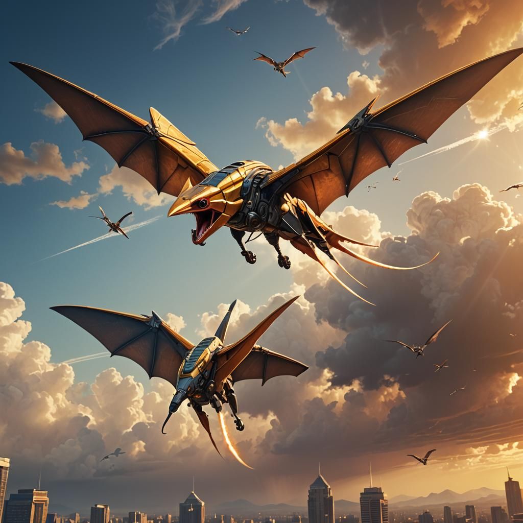 Mecha Pterodactyl Concept Art in Metropolis Setting