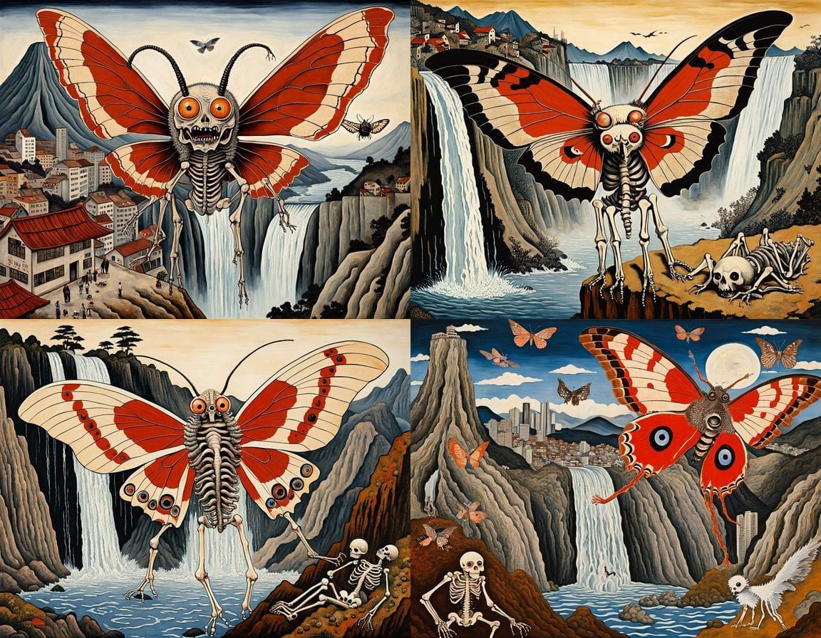 Mythical Mothra Attack on Tokyo: Surrealist Oil Painting