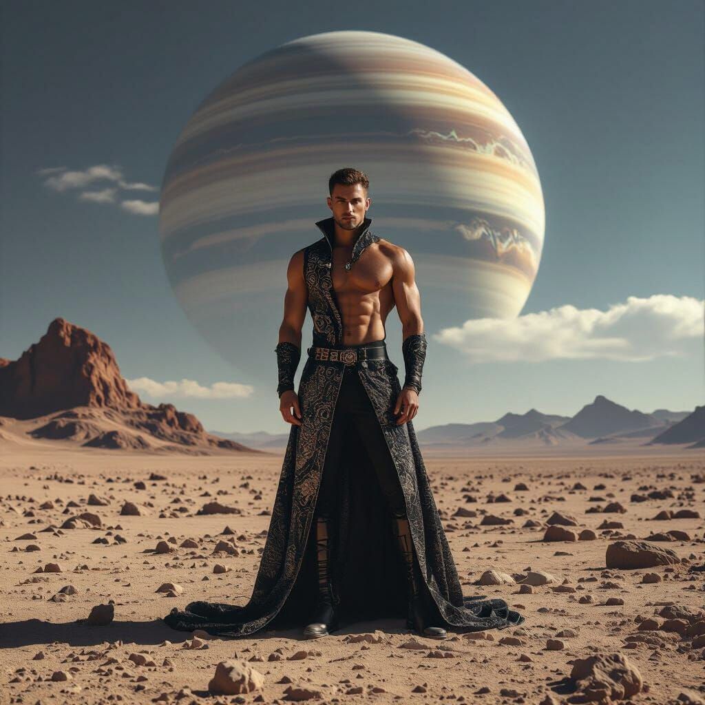 Male Model on Alien Planet in Hyperrealistic Style