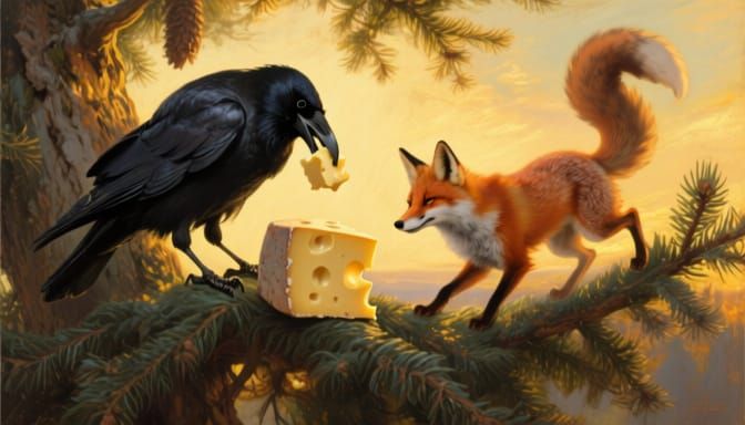 Crow with Cheese and Fox in Dramatic Oil Painting Style