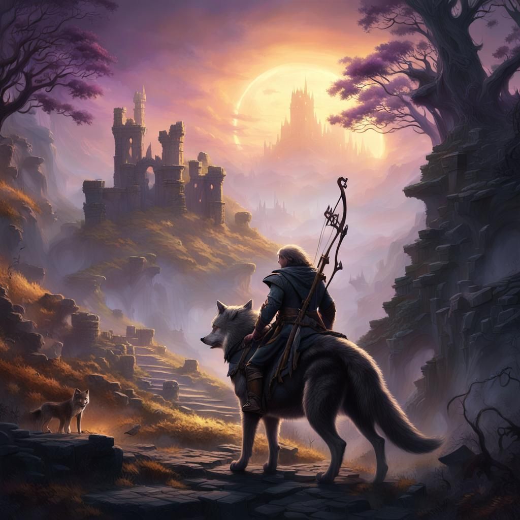 Hobbit Archer Riding a Wolf Through Forest Ruins