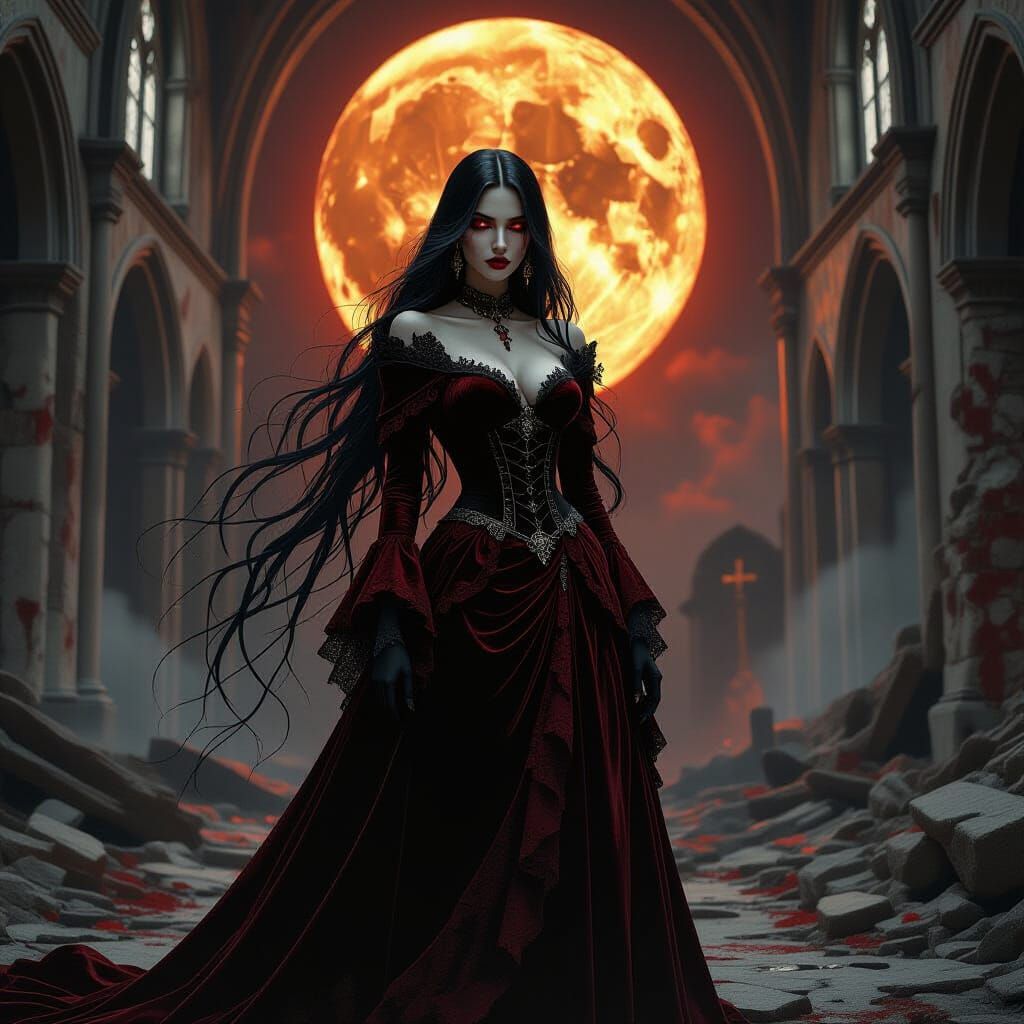 Vampire Lady in Ruined Cathedral, Expressive Brushstrokes
