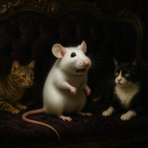 Fluffy Mouse in Cat Costume Among Real Cats