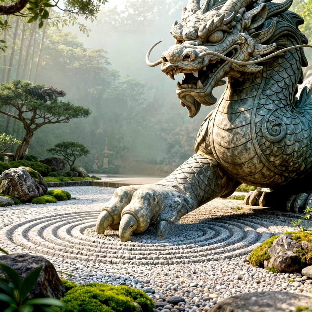 Cute Cartoon Dragon Meets Realistic Stone Dragon Statue