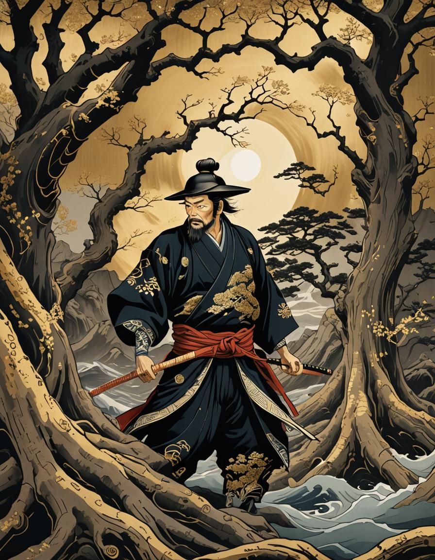 Samurai Among Tree Roots in Black and Gold Ukiyo-e