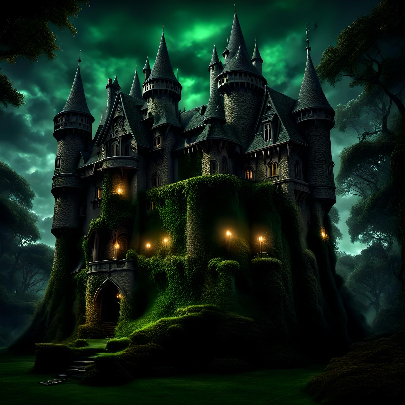dark fairy castle, night, green magic, intricate details, HD...