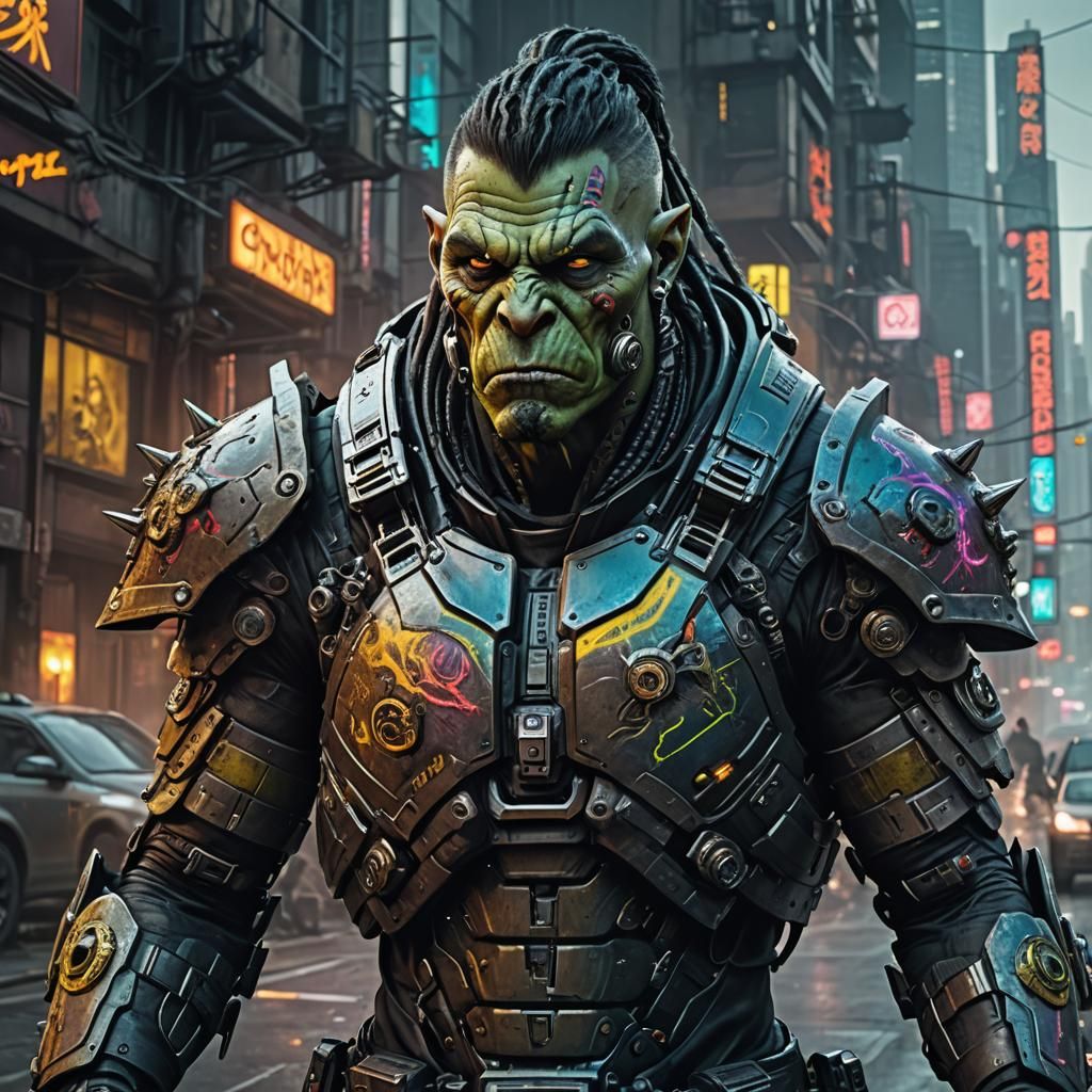 Cyberpunk Orc Warrior in Combat Exoskeleton Suit