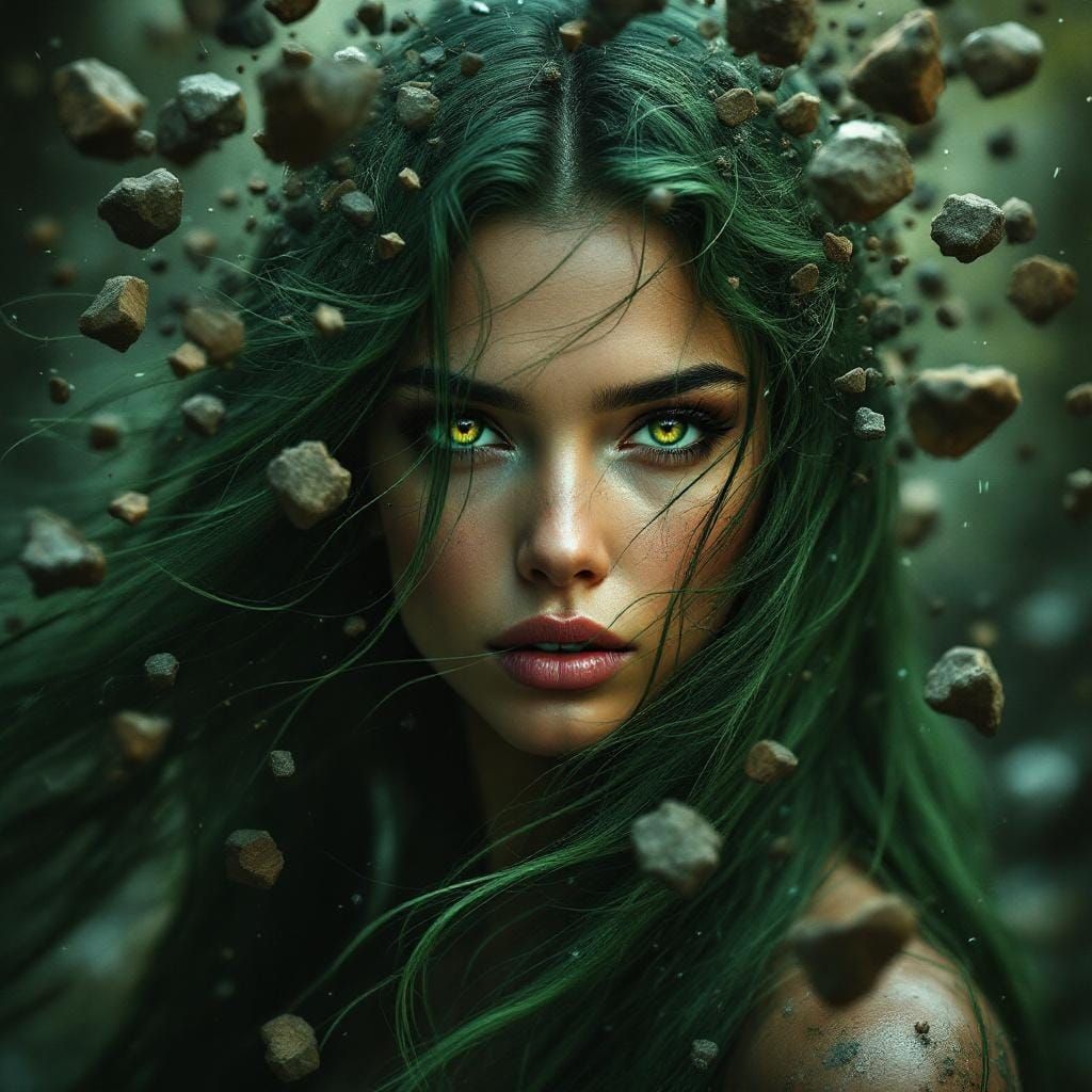 Earth Goddess with Glitch Effects and Flowing Hair