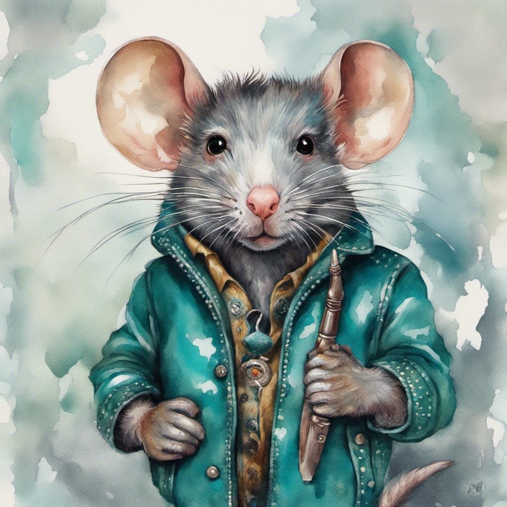 Anthropomorphic Rat in Teal Leather Jacket, Watercolor Style