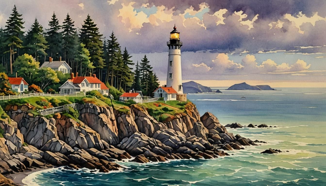 Romantic Watercolor Lighthouse Overlooking Bay in Art Deco S...