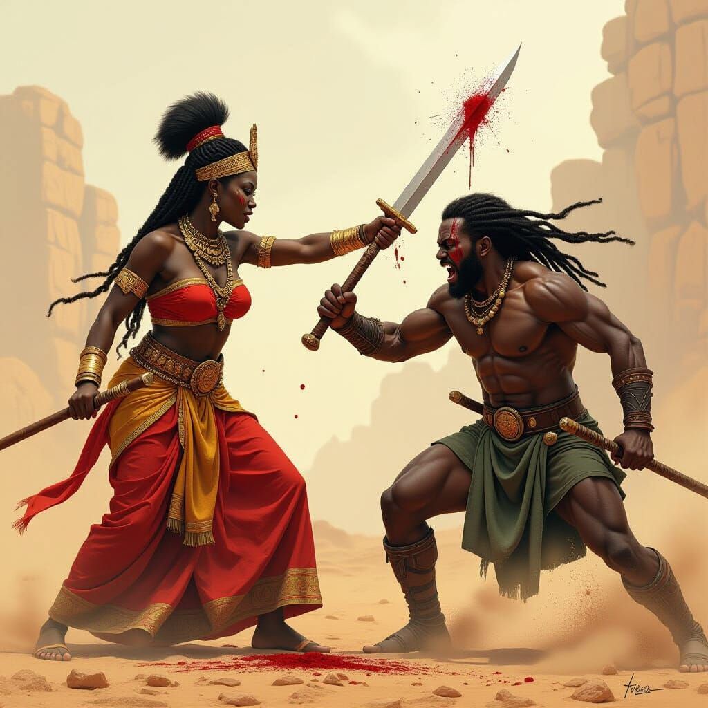 Majestic African Queen Defeats Opponent in Digital Art Style