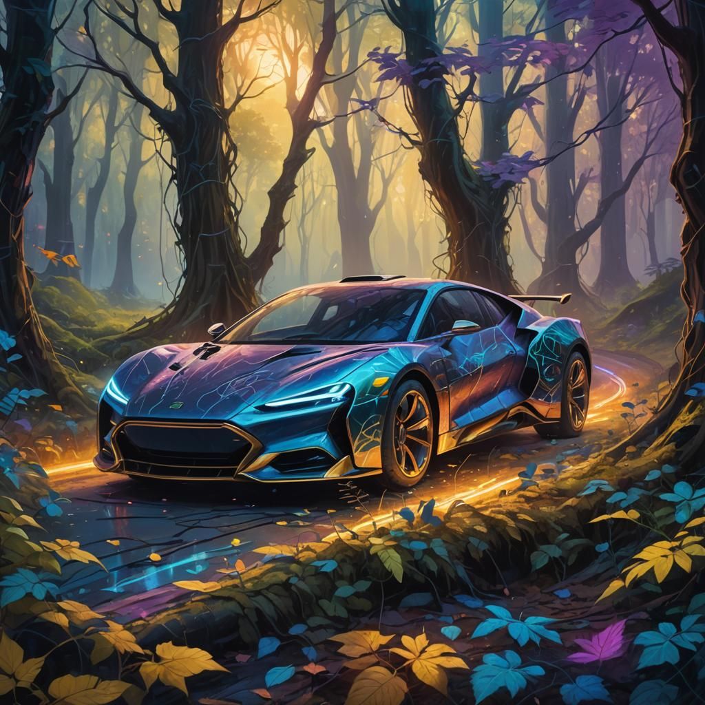 Futuristic Car in Mystical Forest: Digital Art