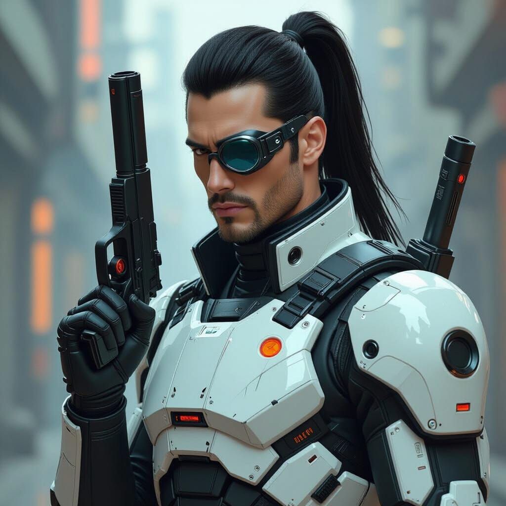 Cyberpunk Space Warrior with Monocle in Industrial Setting