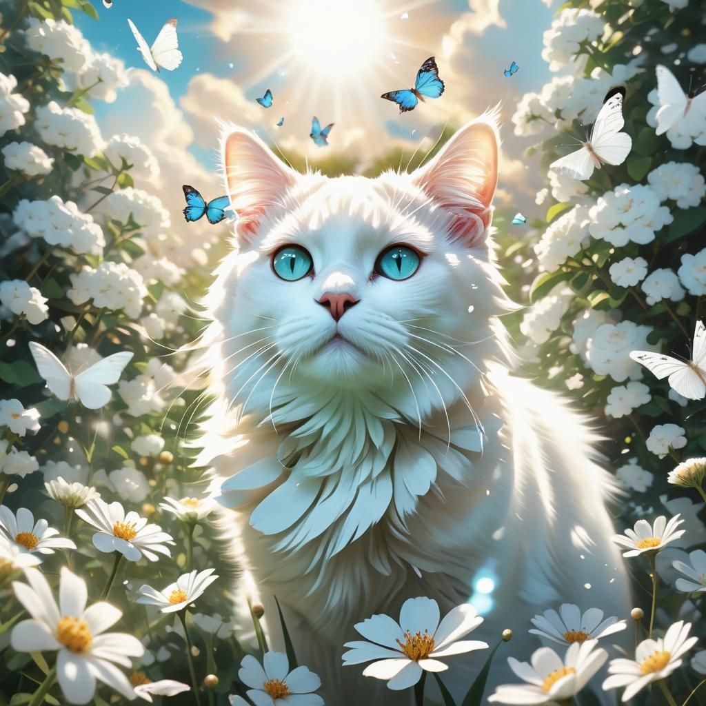 White Cat in Garden, Digital Art