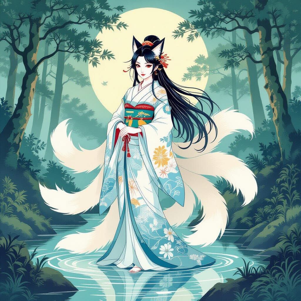 Ukiyo-e Kitsune in Mystical Forest