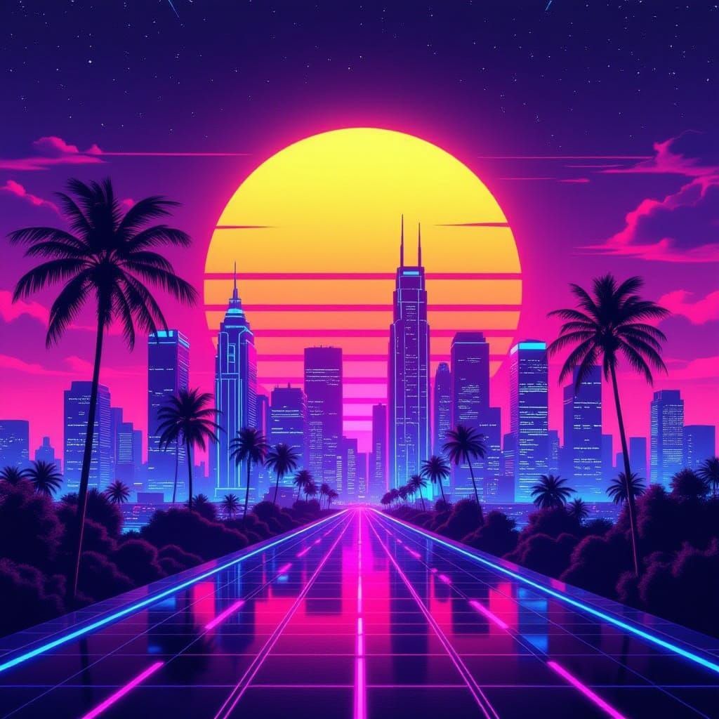 Retro-Futuristic Cityscape at Sunset in Neon Hues