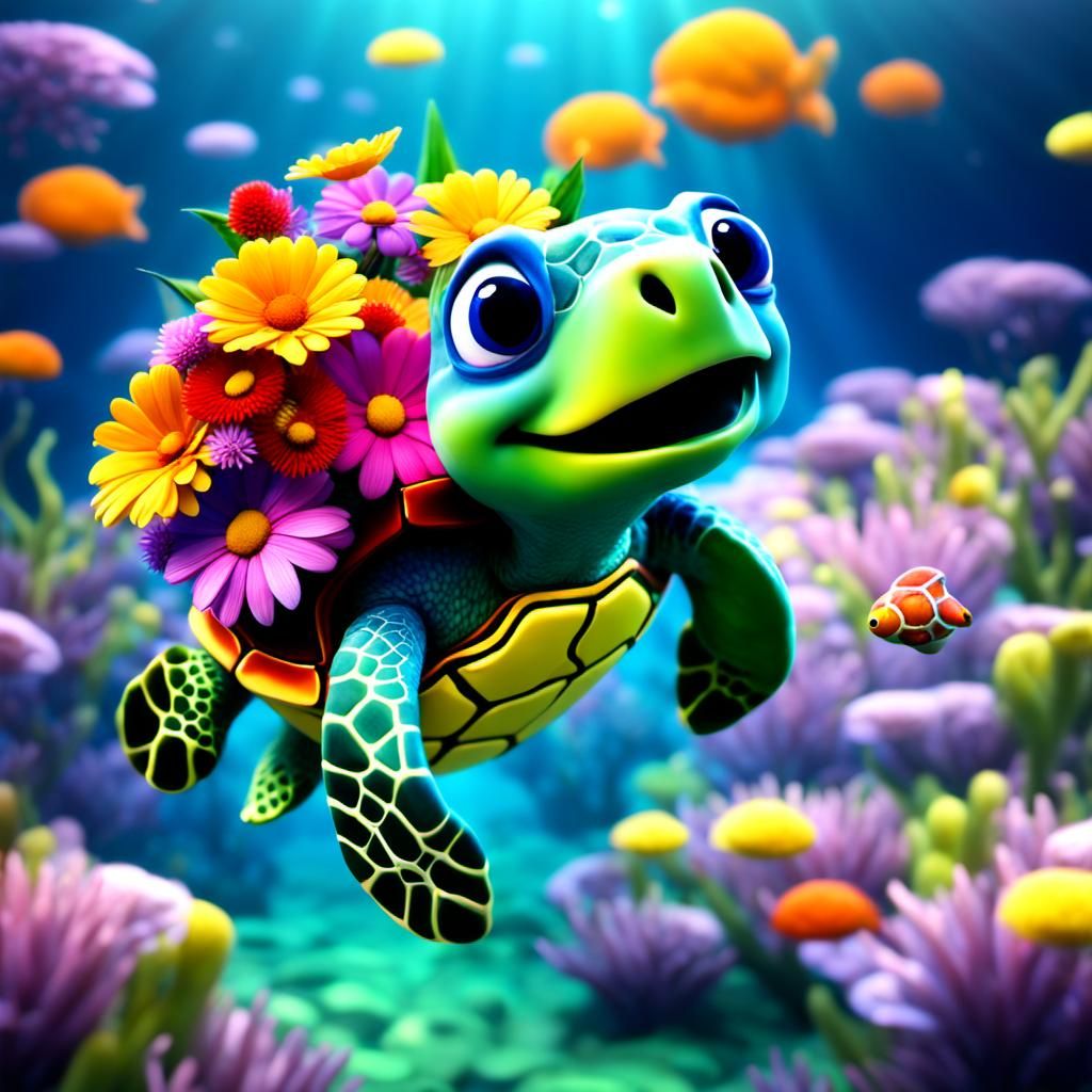 Sea Turtle Delivers Flowers: Pixar-Style 3D Animation