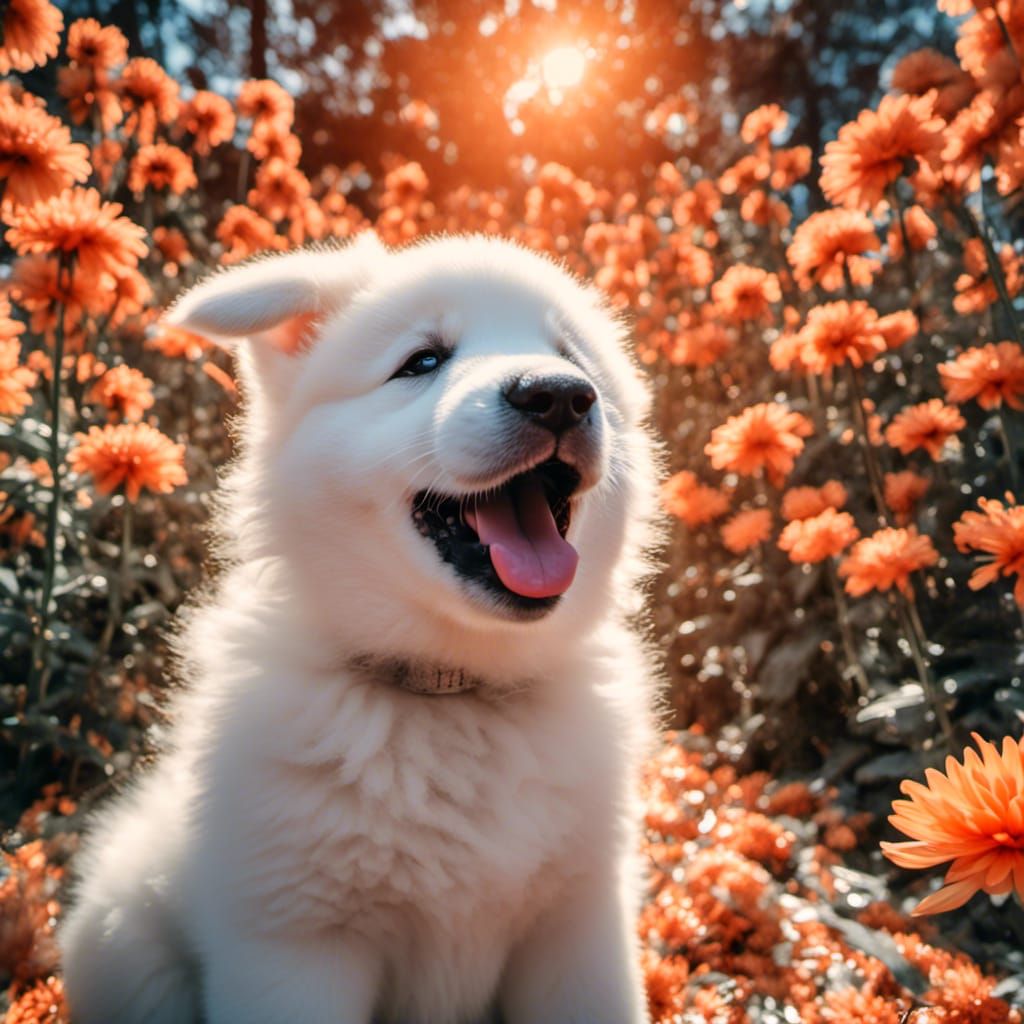 Happy White Shepherd Puppy in Bioluminescent Forest