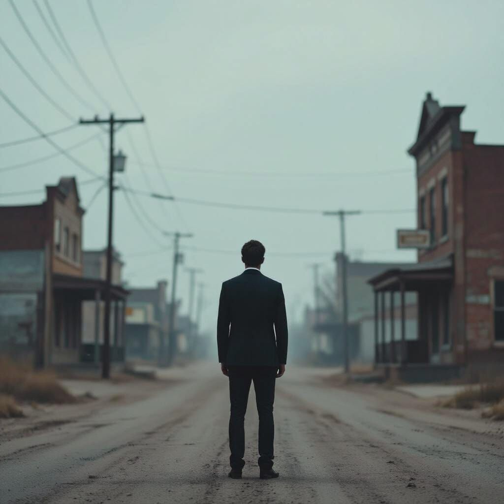 Blurry Man in Frozen Deserted Town