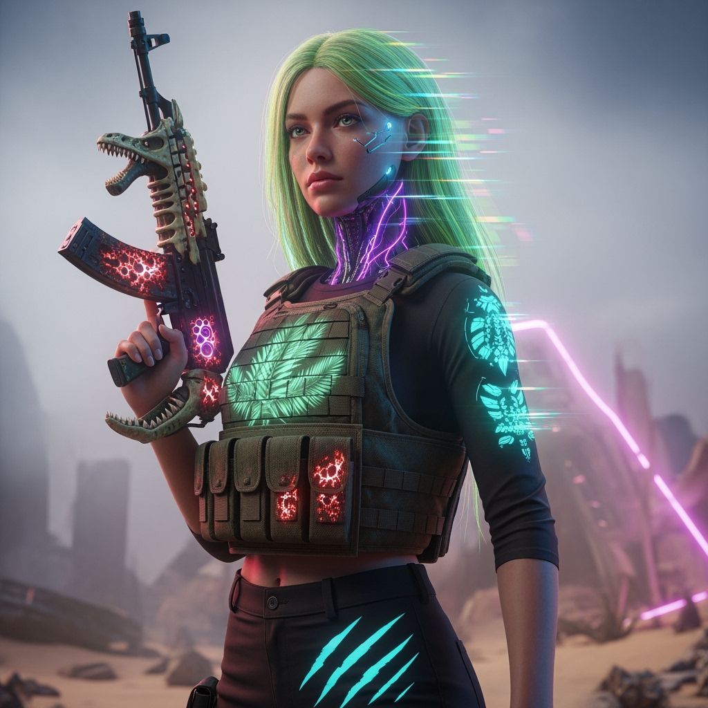 Epic Realism Cyborg Girl with Neon Mist and Tactical Vest