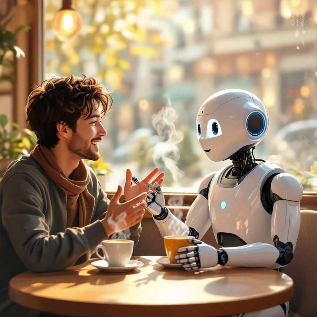 Human and Robot Chatting in Cozy Cafe