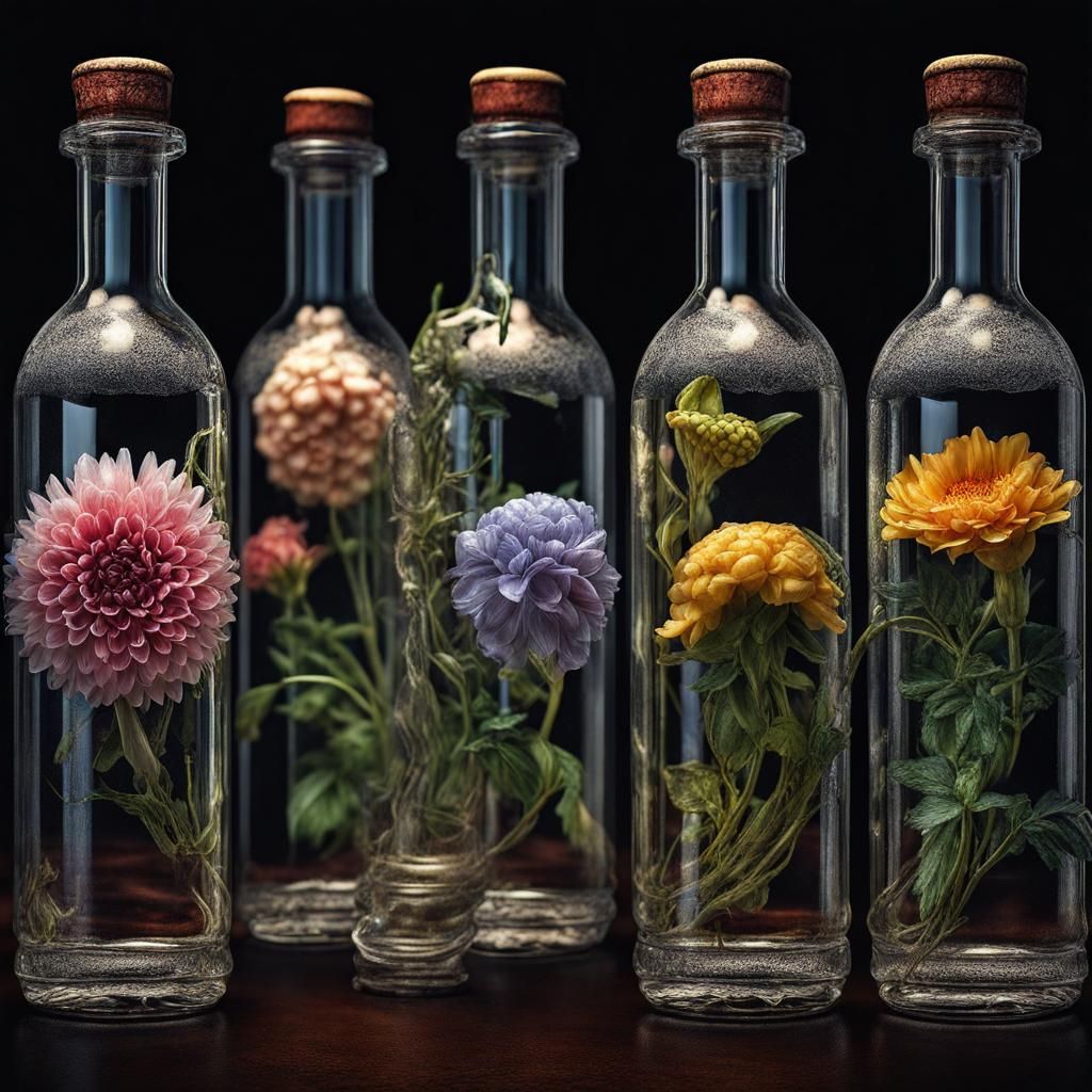 Flowers Trapped in Bottles: Hyperrealistic Still Life