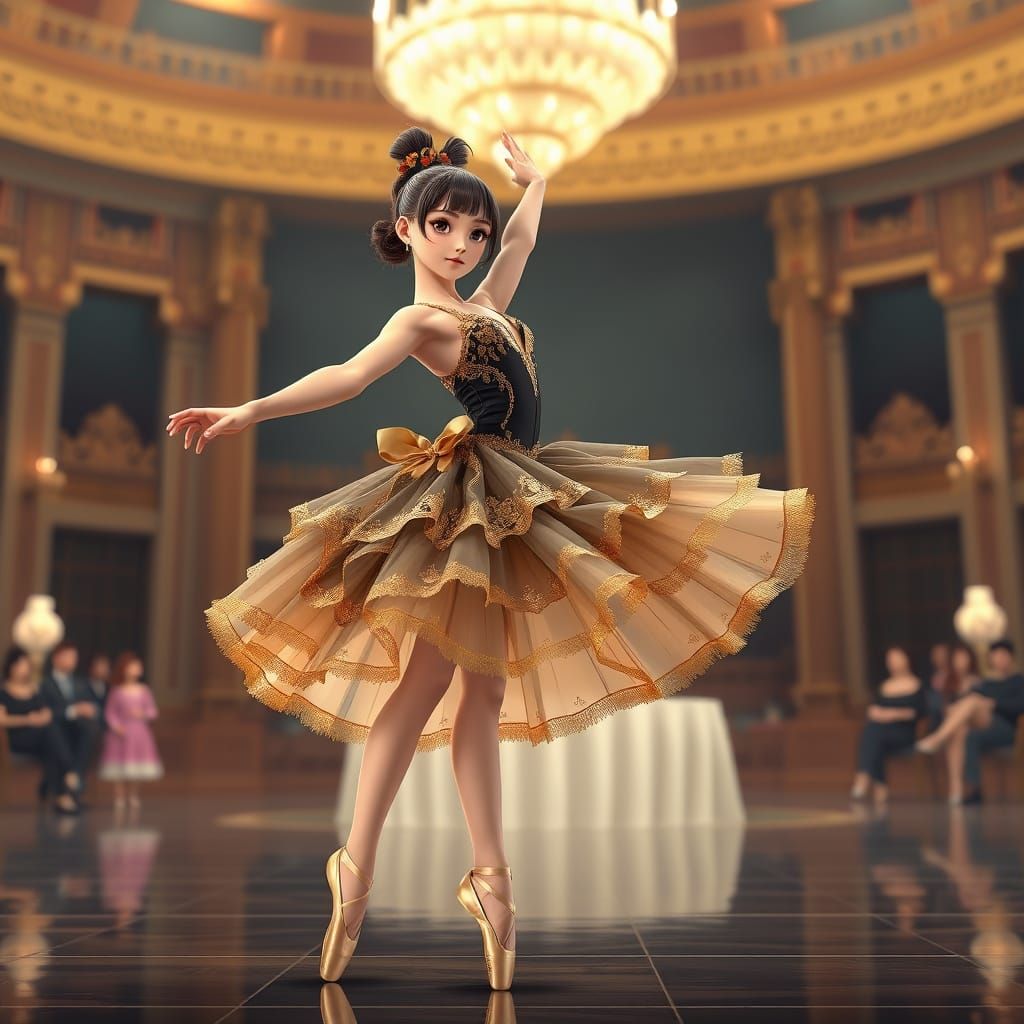 Anime Ballerina in Elegant Golden Tutu