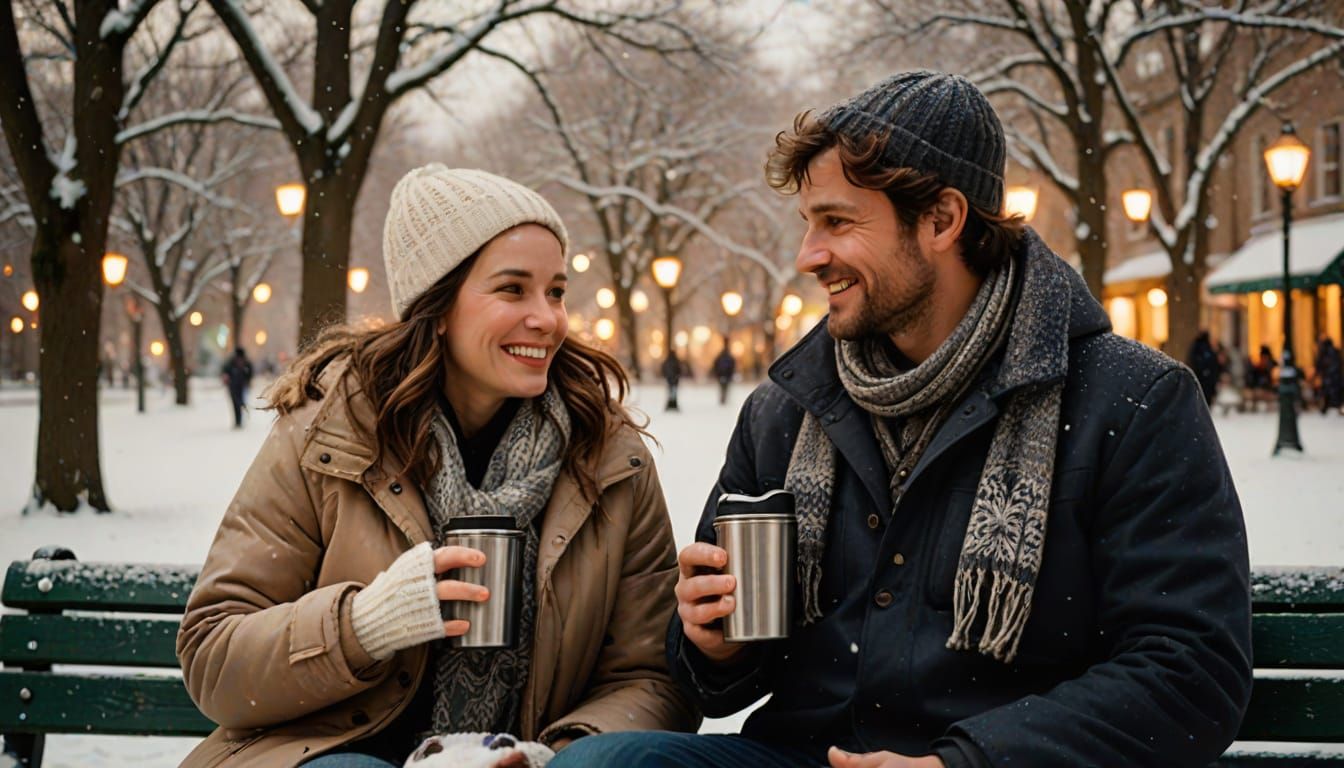 Cozy Winter Scene: Couple Sharing Warm Drink