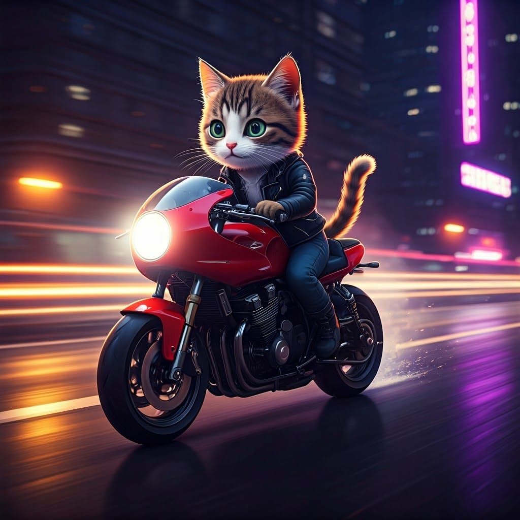 Kitten Rides Motorcycle in Anime-Style 3D Render