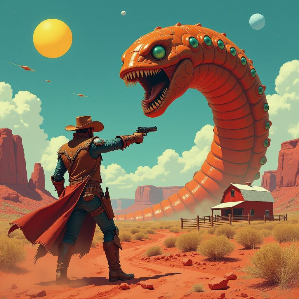 Cyberpunk Cowboy Confronts Monster on Alien Planet