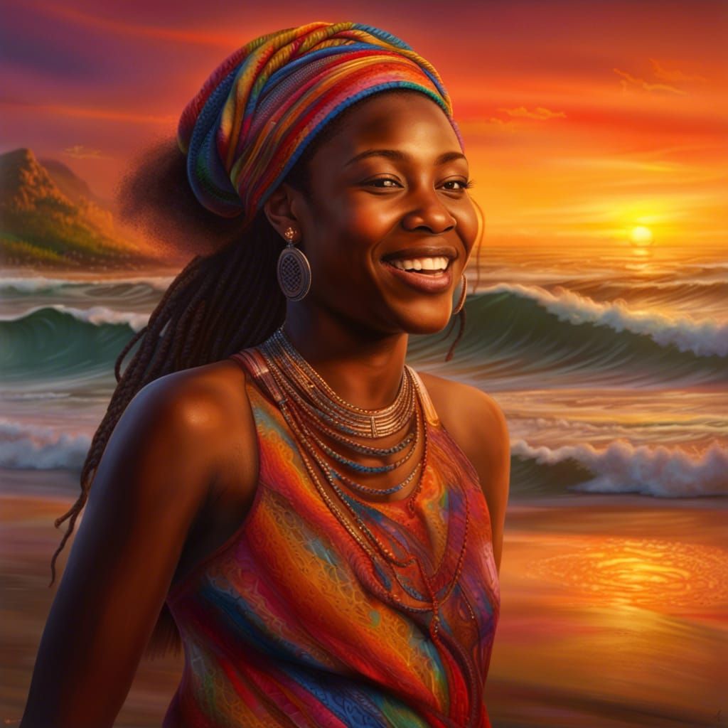Happy Liberian Girl on Beach at Sunset: Hyperrealistic Art