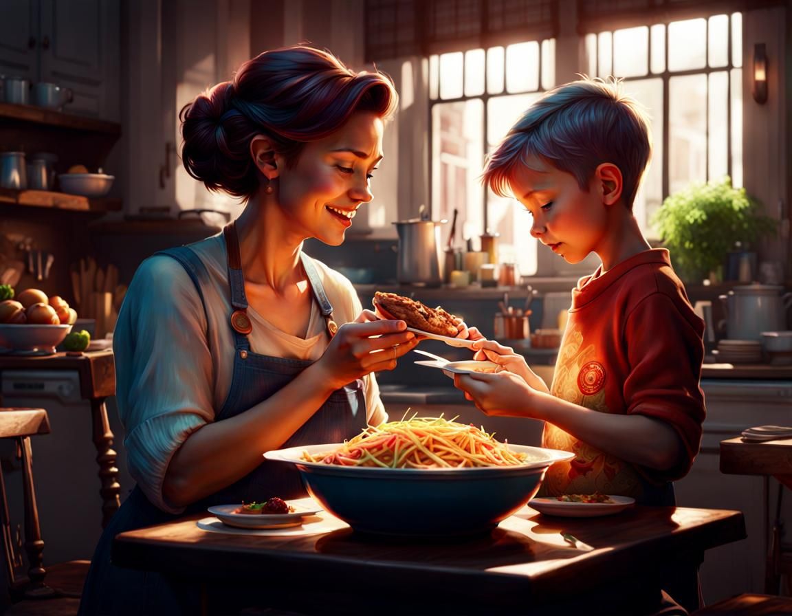Tender Mother-Son Moment in Detailed 3D Art