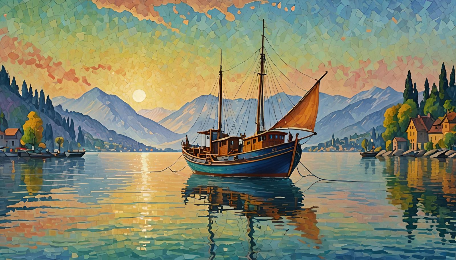 Fishing Boat on Lake Geneva as Pointillist Oil Painting