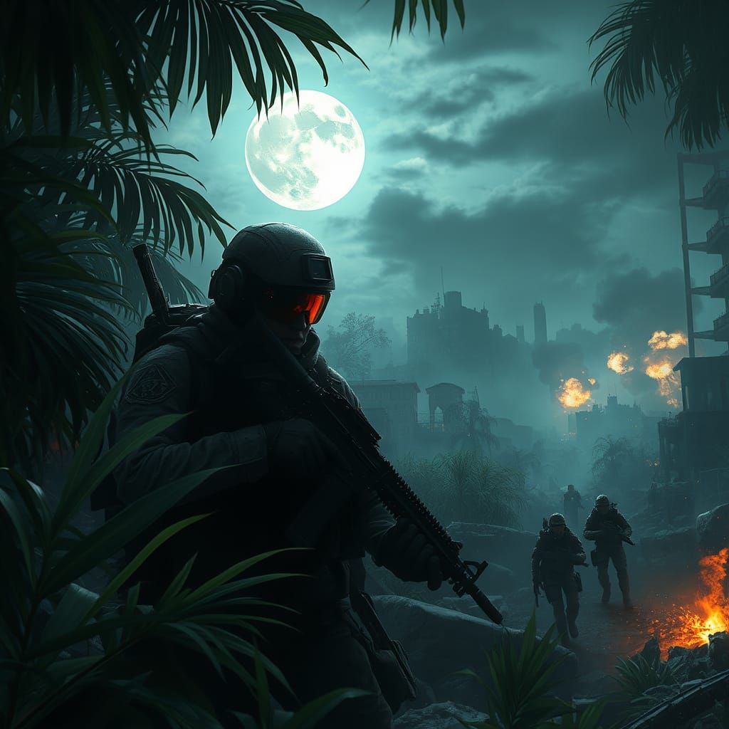 Soldier in Stealth, Night Vision, and Ruins in a Fantastical...