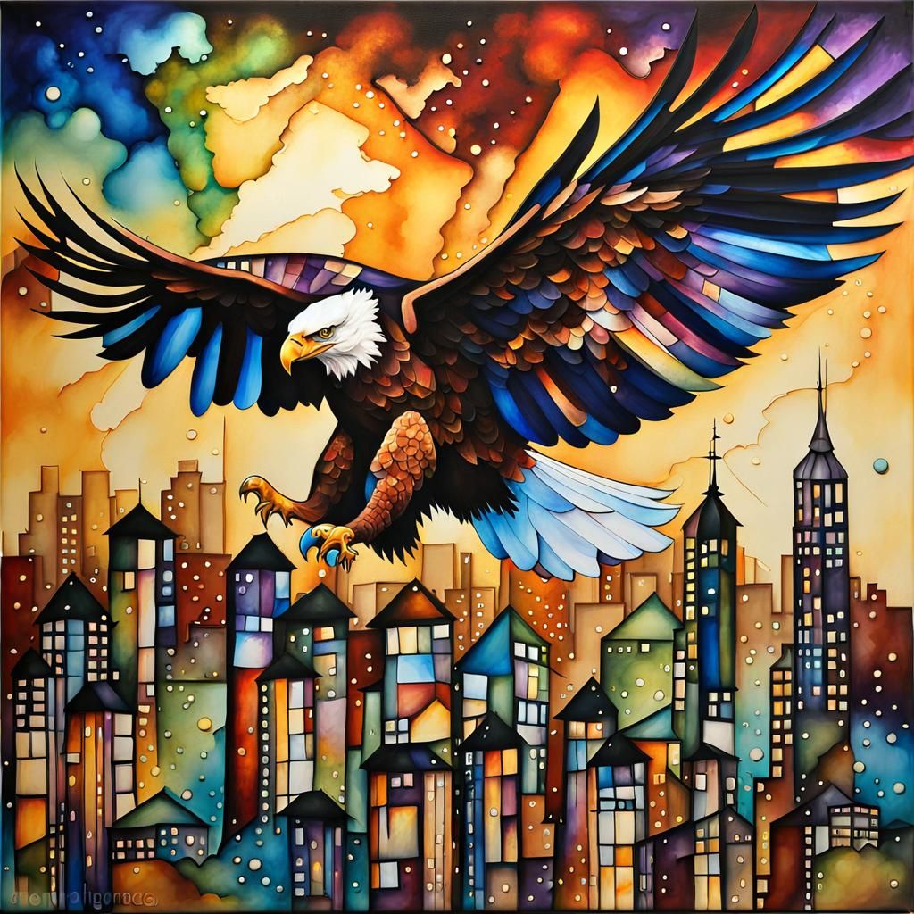 Eagle Over City at Night: Divisionist Alcohol Ink Art