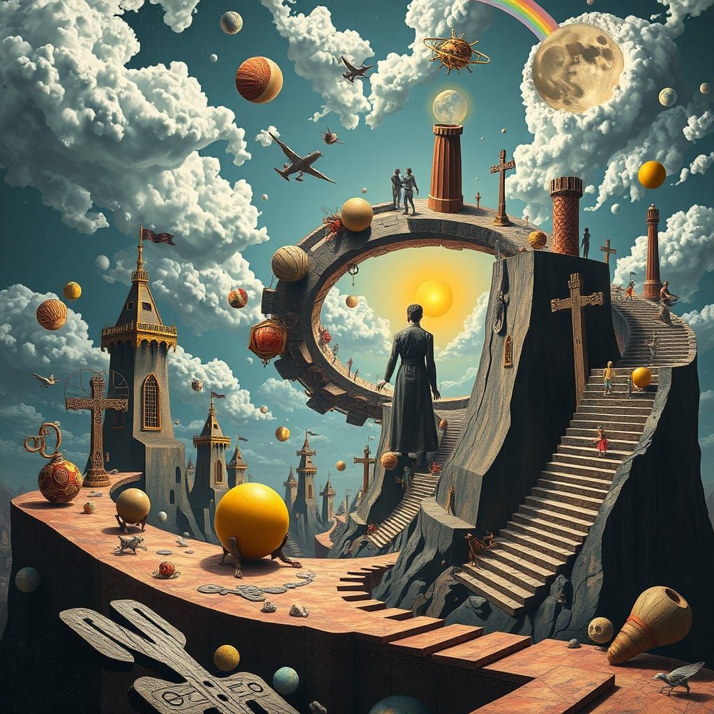 Dreamlike Continuity Loop in Vibrant Escher-Inspired Geometr...