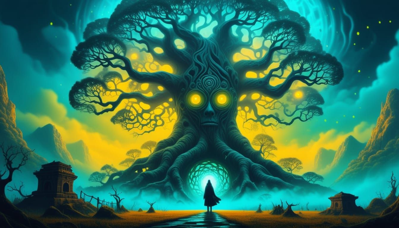 Eerie Creature at Ancient Tree in Surrealist Style