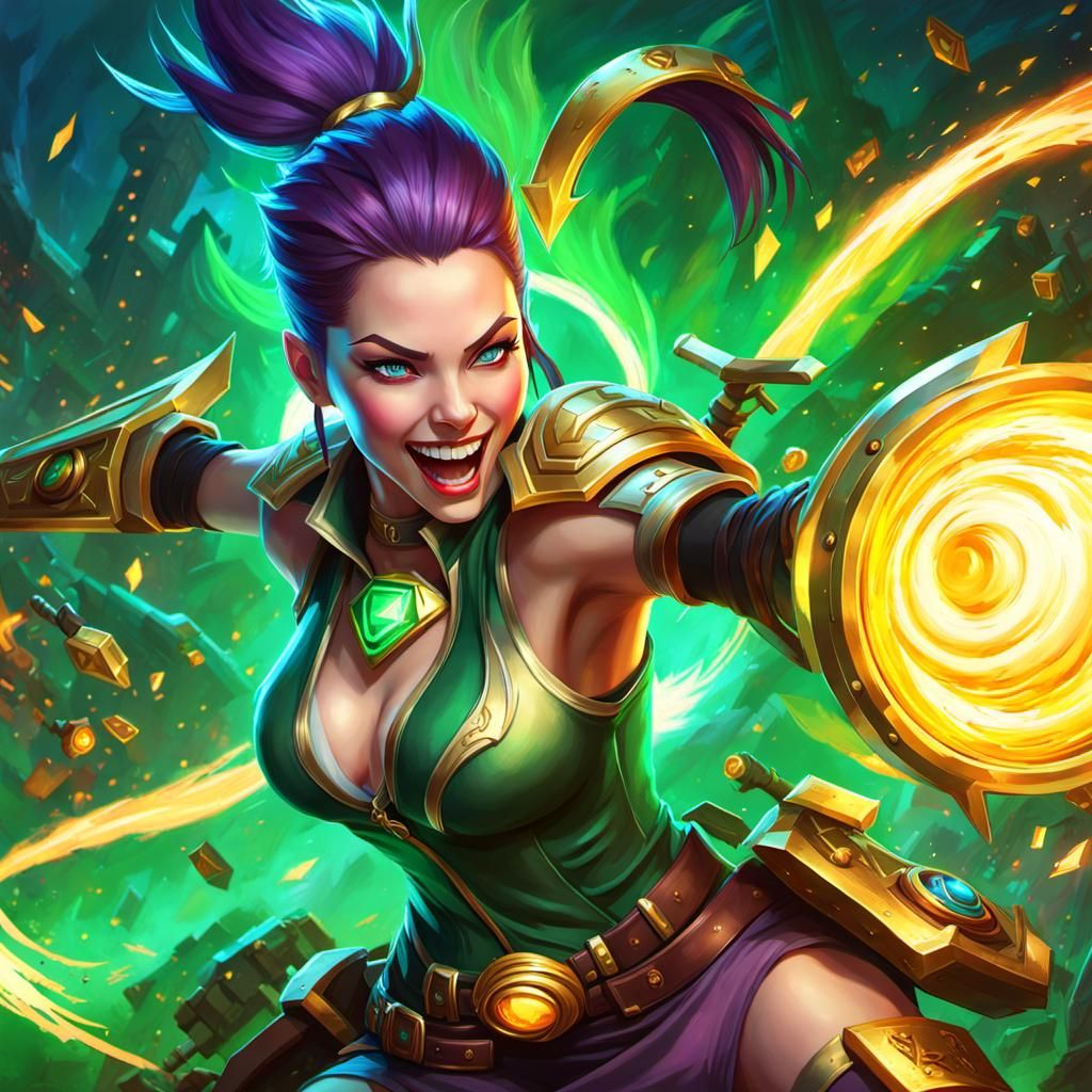 Provocative League of Legends Jinx Character in Painterly St...