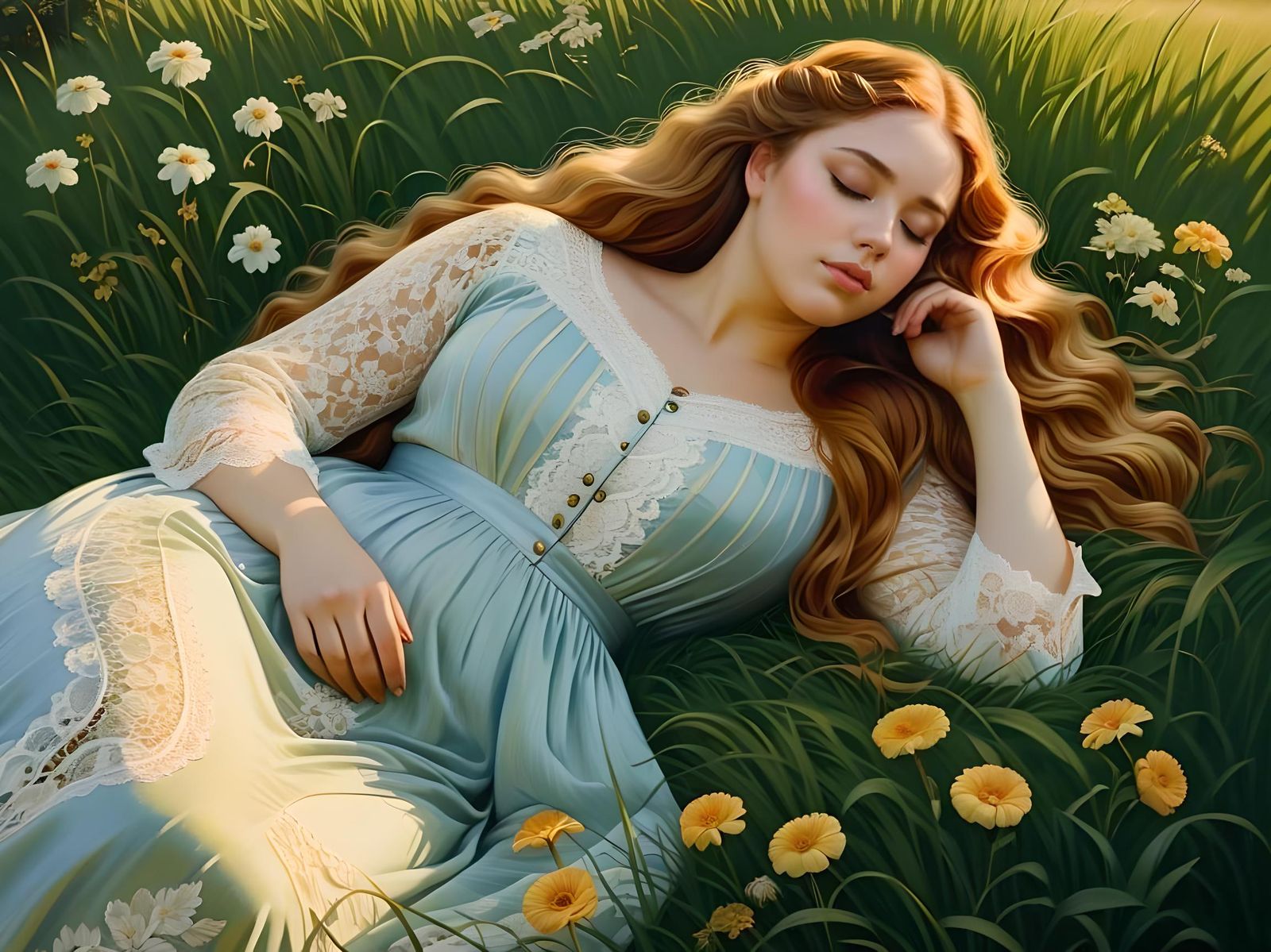 Victorian Woman Sleeping in Summer Flower Field