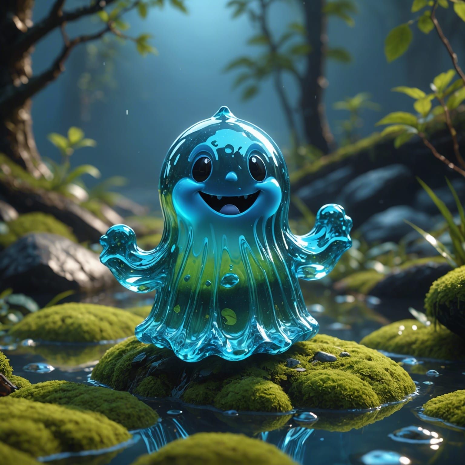 Reflective Blue Ghost in Water Splash, 3D Render