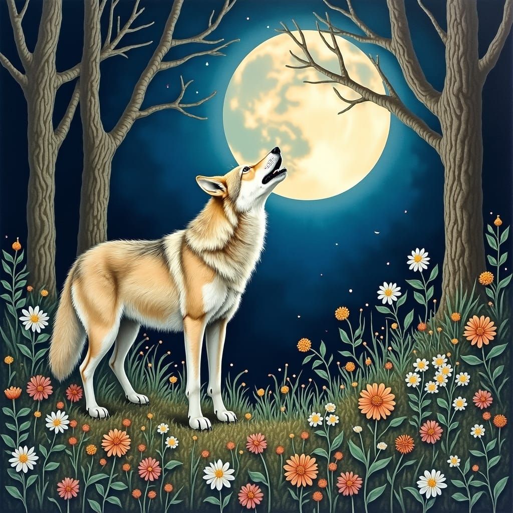 Wolf Howling at Moon in Moonlit Forest