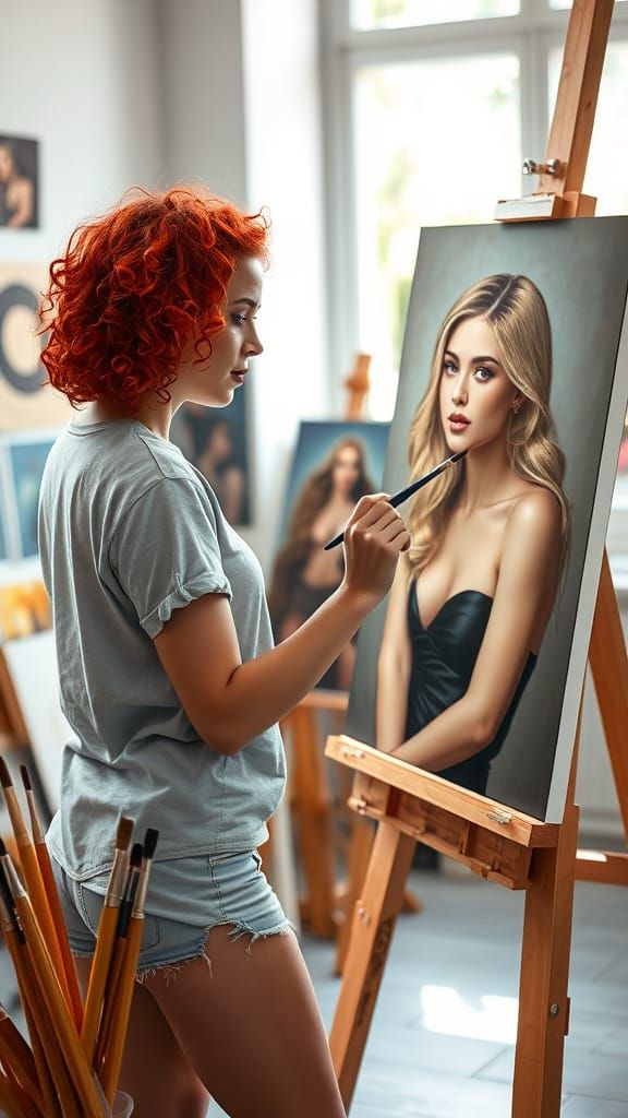 Artist Painting a Portrait in Realistic Style