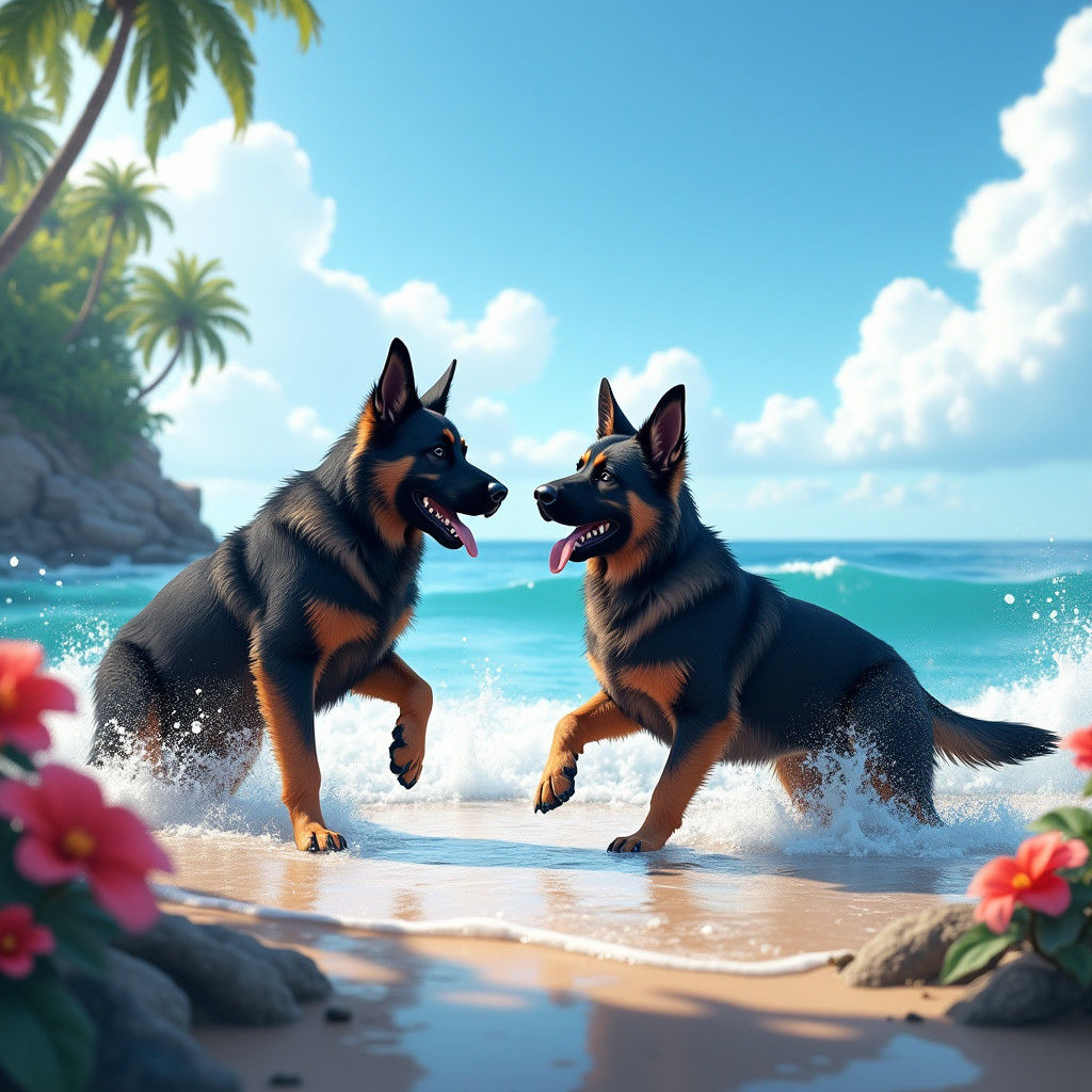 German Shepherds Play on a Serene Seaside