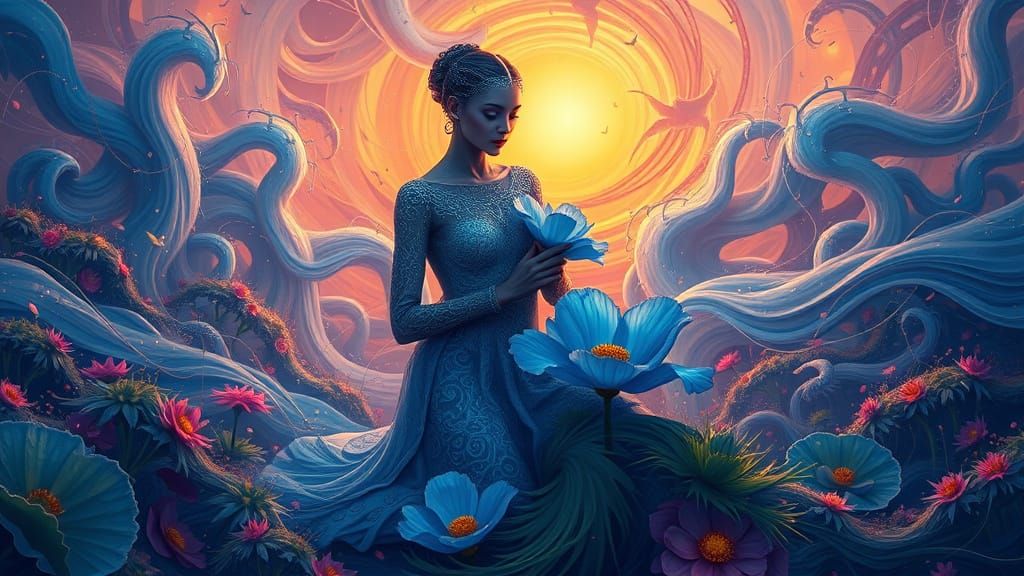 Dreamlike Scene with Embroidered Figure in Cosmic Dreamscape