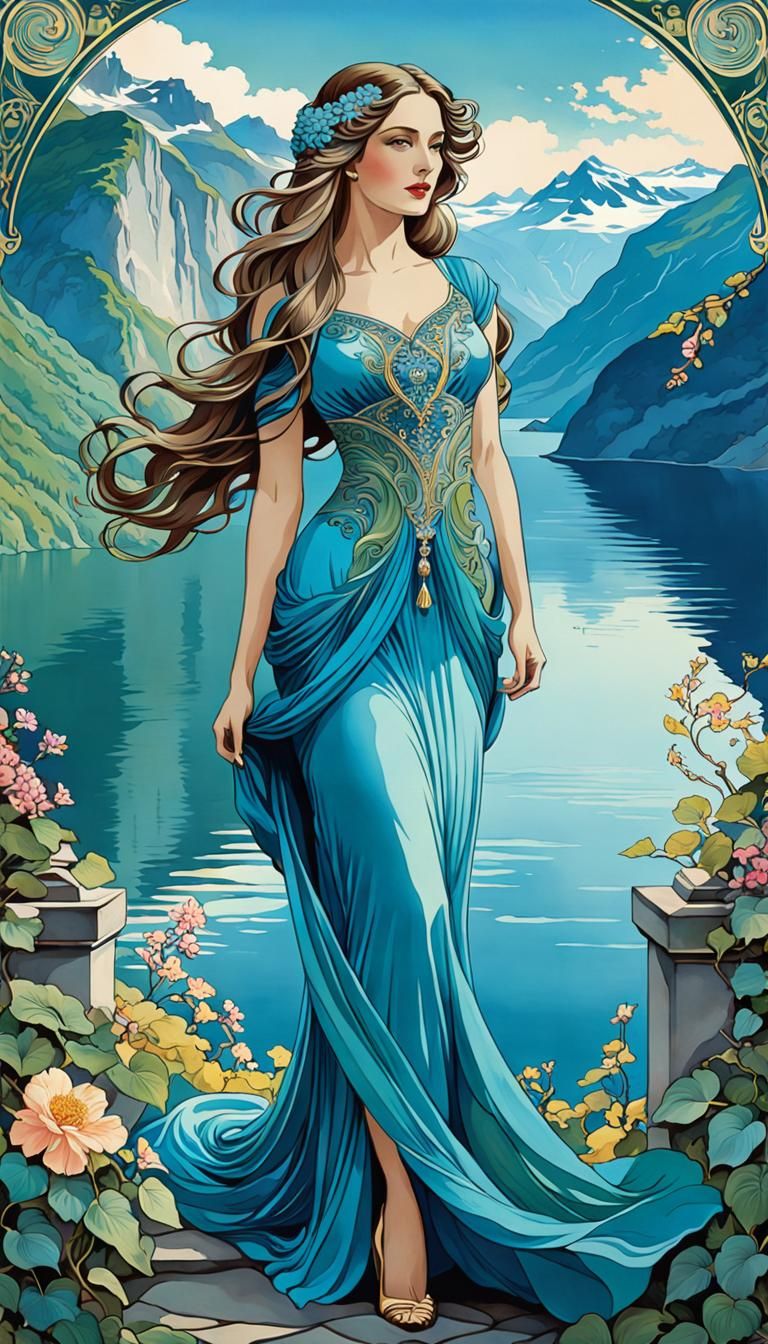 Art Nouveau Poster of Woman in Fjord Setting